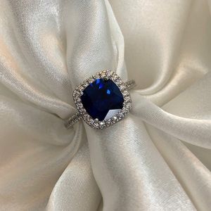 STERLING SILVER CUSHION CUT NAVY BLUE HALO CZ RING